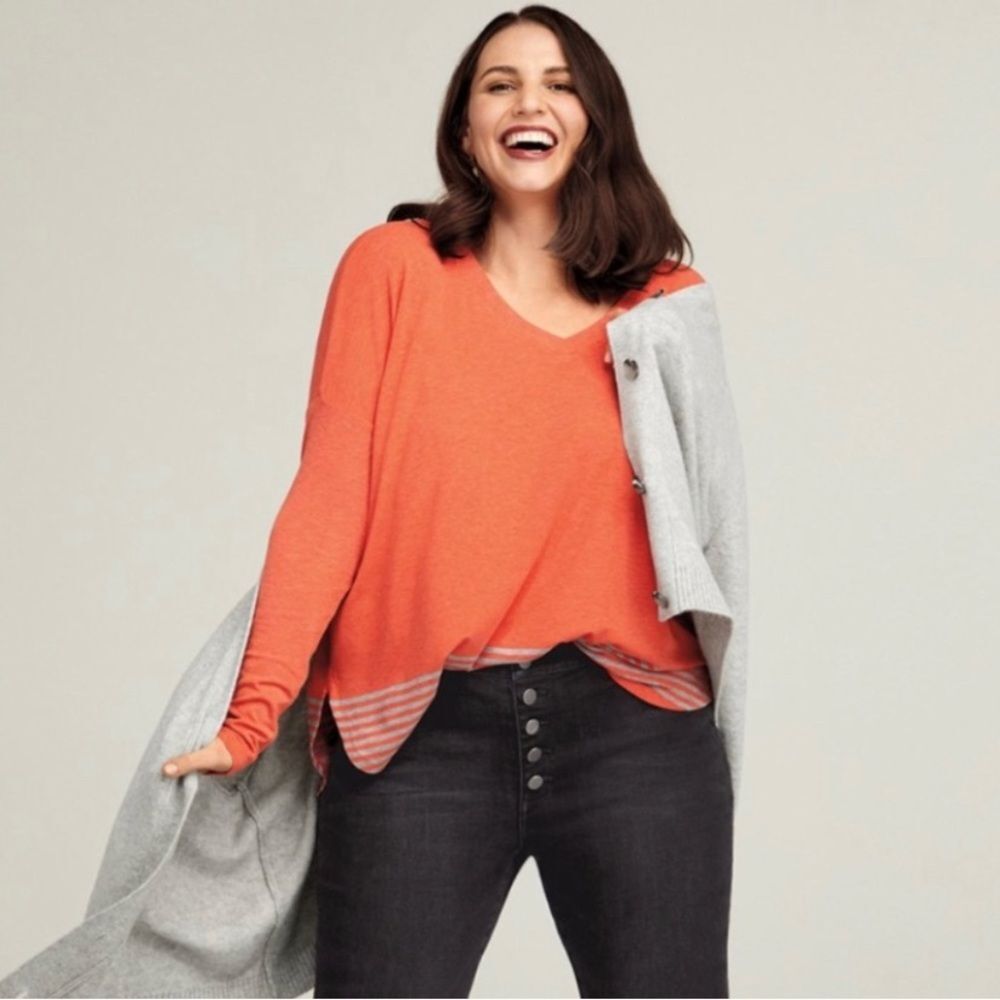 Cabi Hangout Tee v-neck orange striped top size small